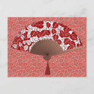Japans ventilator in Leaf Print, donkerrood en wit Briefkaart