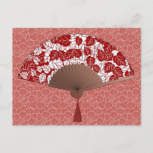Japans ventilator in Leaf Print, donkerrood en wit Briefkaart (Voorkant)