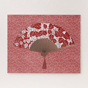 Japans ventilator in Leaf Print, donkerrood en wit Legpuzzel