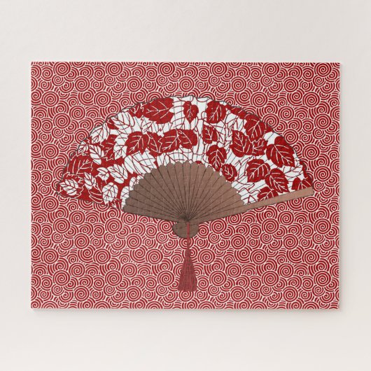 Japans ventilator in Leaf Print, donkerrood en wit Legpuzzel (Horizontaal)