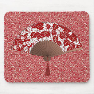 Japans ventilator in Leaf Print, donkerrood en wit Muismat