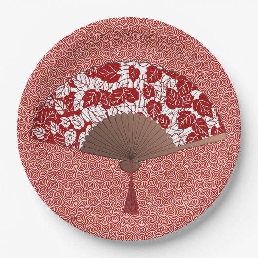 Japans ventilator in Leaf Print, donkerrood en wit Papieren Bordje (Voorkant)