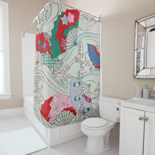 Japans ventilator op Waves  Patroon Douchegordijn (In situ)