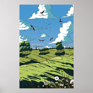 Japans vintage landschap 's nachts poster