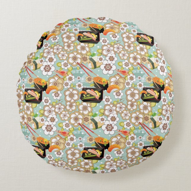 Japans voedsel: Sushi Pattern 4 Rond Kussen (Voorkant)