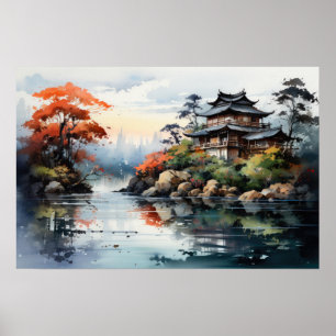 Japans Waterverf herfstmeer Poster