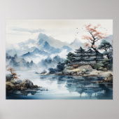 Japans Waterverf Landschap Bergmeer Poster (Voorkant)