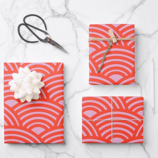 Japans Wave Seigaiha Pattern Roze Rood Inpakpapier Vel (Voorkant)