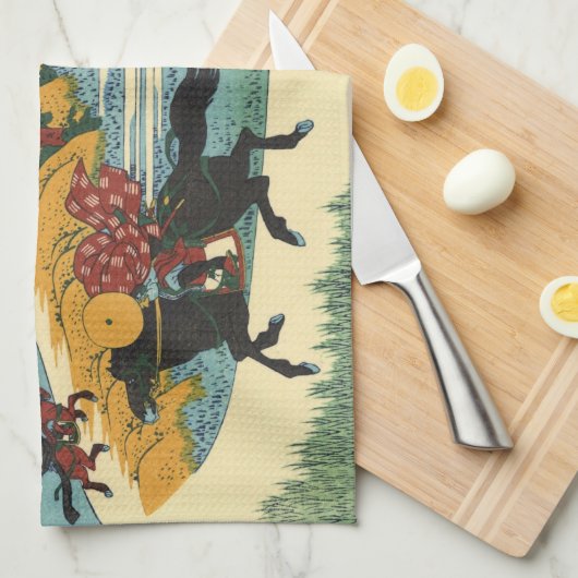 Japans Woodblock print Samurai Horse Chase Theedoek (Quarter Fold)