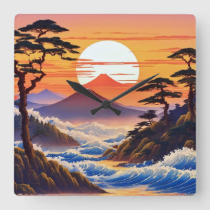 Japans zonsopgang zonsondergang landschap vierkante klok