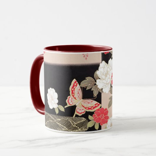 Japans Zwart & Rood Pioenrozen Mok (Voorkant links)