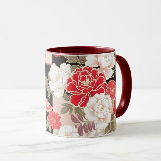 Japans Zwart & Rood Pioenrozen Mok (Voorkant rechts)