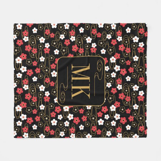 Japans Zwart Sakura Blossom Monogram Initialen Fleece Deken (Voorkant (Horizontaal))