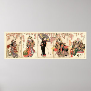  Japanse Actors 5 Panel Woodblock Poster