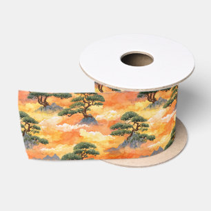Japanse Aquarel Bonsai-Dennenbomen in Gouden Wolke Lint