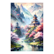 Japanse Aquarel Dorp | Zen Landschapsprint