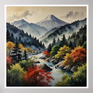 Japanse Bergen Watercolor Wandkunst Poster