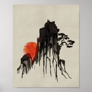 Japanse bergzon - sumi-e poster