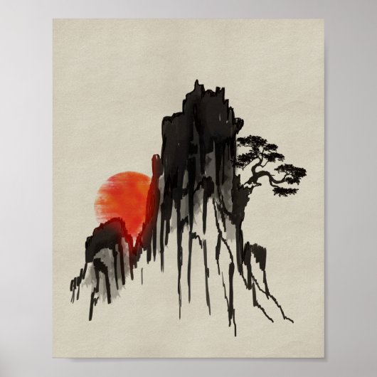 Japanse bergzon - sumi-e poster (Voorkant)