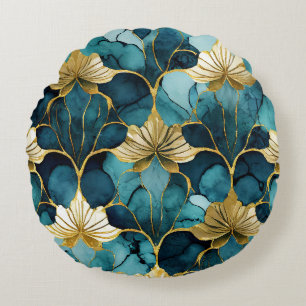 Japanse Bloem Teal Goud Rond Kussen