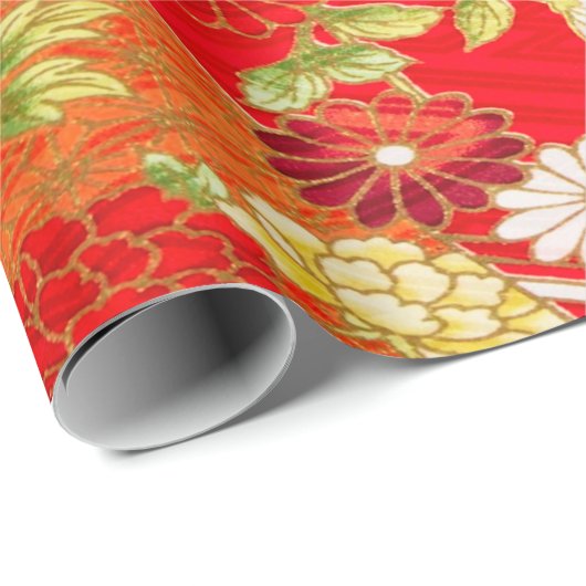 Japanse Bloemen Kersenbloesem Rood Goud Decoupage Cadeaupapier (Rol Hoek)