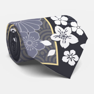 Japanse Bloemen Kimono Patroon Denim Stropdas