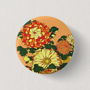 Japanse Bloemrand, Mandarijns Oranje en goud Ronde Button 3,2 Cm
