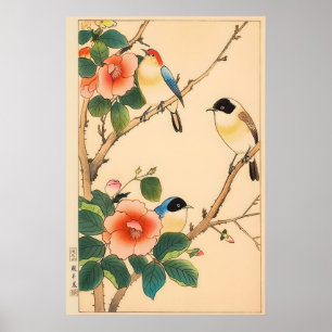Japanse bloemrijke vogelkunstprint - Vintage houts Poster