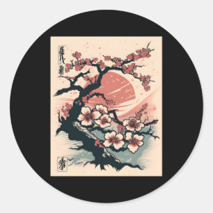 Japanse Boom Cherry Blossoms Woodblock Ronde Sticker