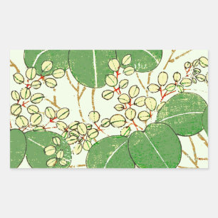 Japanse botanische groene blad houtsnede afdruk rechthoekige sticker