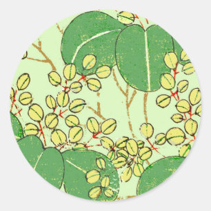 Japanse botanische groene blad houtsnede afdruk ronde sticker