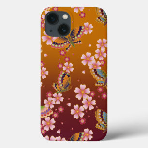 Japanse Butterflies Amid Sakura Blossom Gold iPhone 13 Hoesje