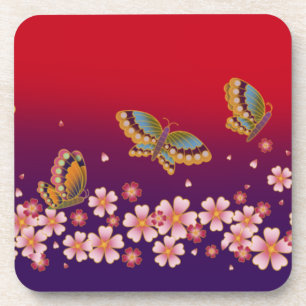 Japanse Butterflies Amid Sakura Blossom Red Bier Onderzetter