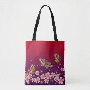Japanse Butterflies Amid Sakura Blossom Red Draagtas