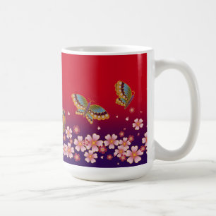 Japanse Butterflies Amid Sakura Blossom Red Koffiemok