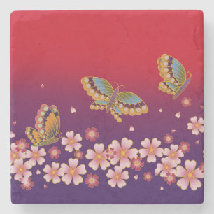 Japanse Butterflies Amid Sakura Blossom Red Stenen Onderzetter