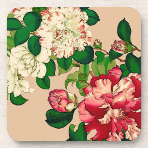 Japanse Camellias. Diep roze op beige Bier Onderzetter