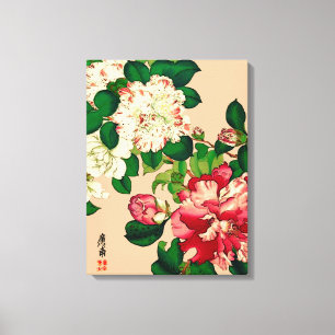 Japanse Camellias. Diep roze op beige Canvas Afdruk