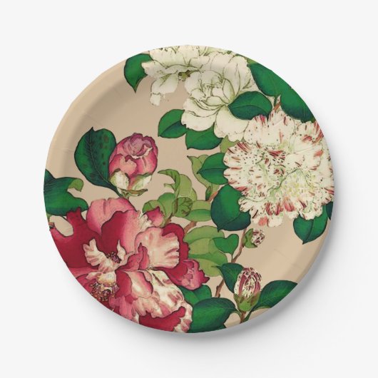 Japanse Camellias. Diep roze op beige Papieren Bordje (Voorkant)
