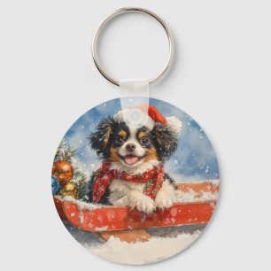 Japanse Chin Dog in Sledge Laat het Sneeuw Kerstmi Sleutelhanger