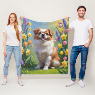 Japanse Chin Hond Lente Bloemen Schilderij Fleece Deken