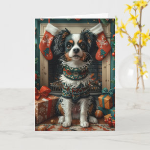 Japanse Chin-hond met kerstcadeaus bij de open haa Kaart
