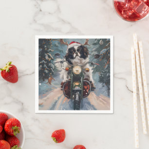Japanse Chin-hond rijdt op motorfiets met Kerstmis Servet