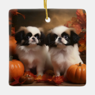 Japanse Chin Puppy Herfst Plezier Pompoen  Keramisch Ornament
