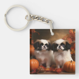 Japanse Chin Puppy Herfst Plezier Pompoen Sleutelhanger