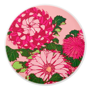 Japanse chrysanten, fuchsia en koraal roze keramische knop