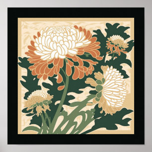 Japanse chrysanten groen en sinaasappel poster