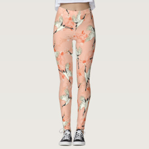 Japanse Crane Bird Painting Pink  Print Leggings