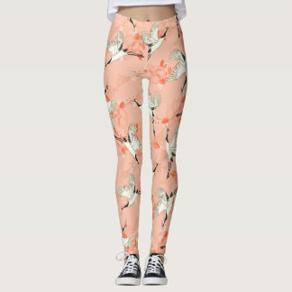 Japanse Crane Bird Painting Pink Print Leggings