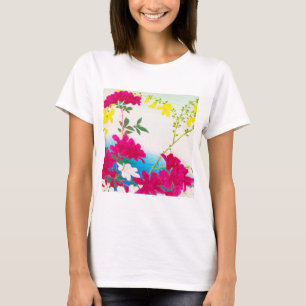 Japanse daglelies - magenta, geel blauw t-shirt